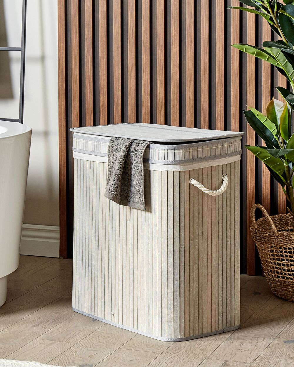 Cestino portaoggetti in bambù grigio con coperchio Cestino per biancheria Accessori pratici lavanderia bucato