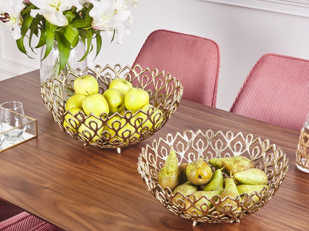 Set di 2 vassoi decorativi Ciotola rotonda in metallo dorato con design traforato