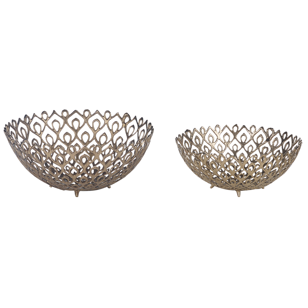 Set di 2 vassoi decorativi Ciotola rotonda in metallo dorato con design traforato