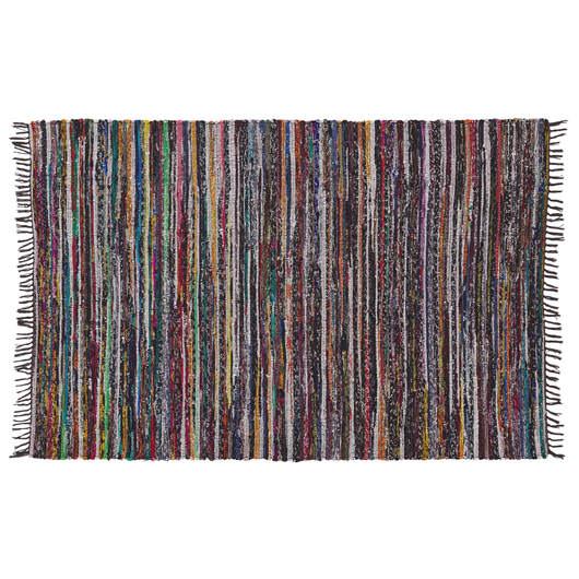 Tappeto tappetino Cotone Poliestere Scuro Multicolore 160 x 230 cm A Righe con Frangia Rettangolare Fatto a Mano Boho Eclettico