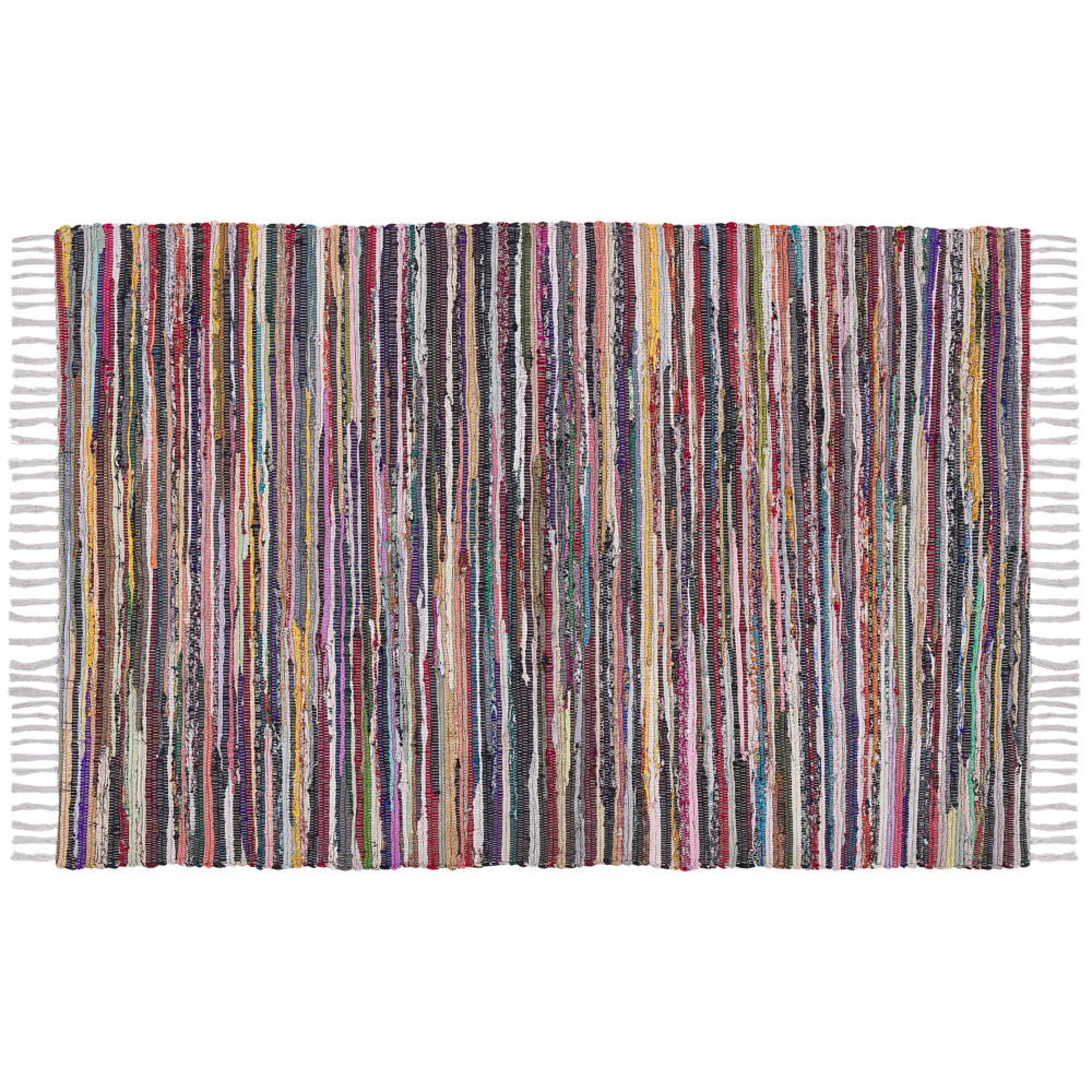 Tappeto da Zona Leggero Multicolore Cotone Poliestere 160 x 230 cm A Righe con Frangia Rettangolare Fatto a Mano Boho Eclettico