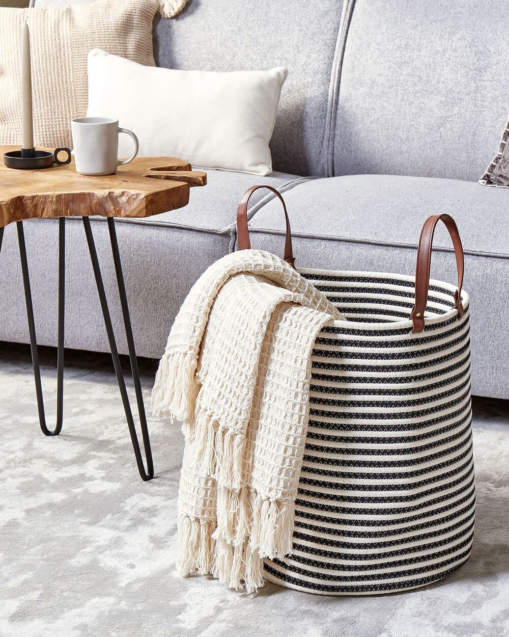 Cestino portaoggetti Cotone bianco e nero fatto a mano con maniglie Modello a righe Cesto per la biancheria in tessuto