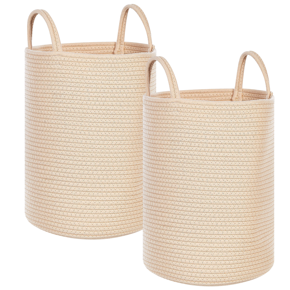 Set di 2 cestini portaoggetti in cotone beige fatti a mano con maniglie Cestino per la biancheria in tessuto a tinta unita