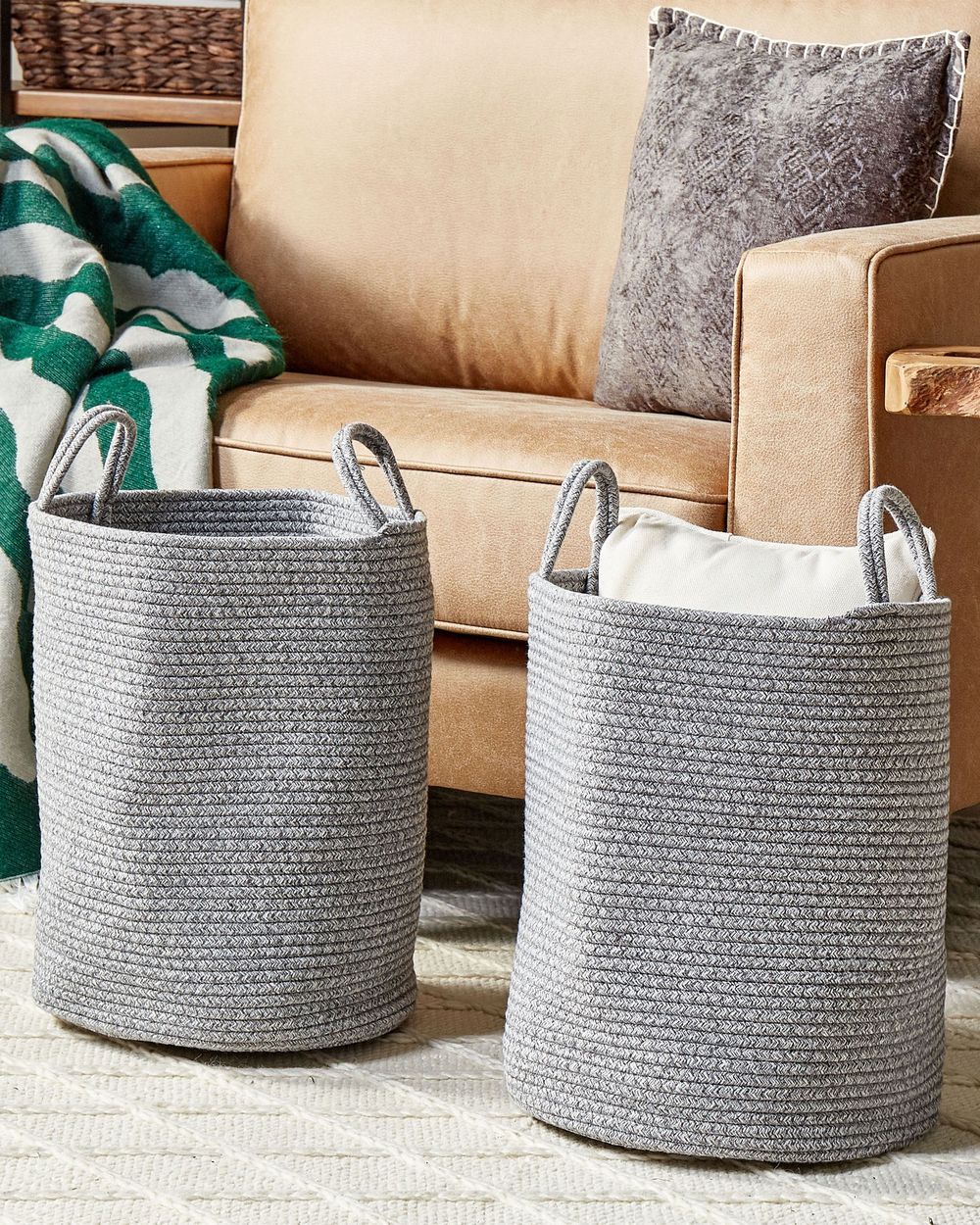 Set di 2 cestini portaoggetti in cotone beige fatti a mano con maniglie Cestino per la biancheria in tessuto a tinta unita