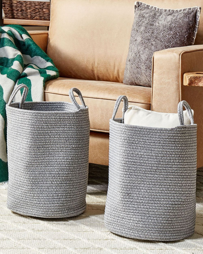 Set di 2 cestini portaoggetti in cotone beige fatti a mano con maniglie Cestino per la biancheria in tessuto a tinta unita