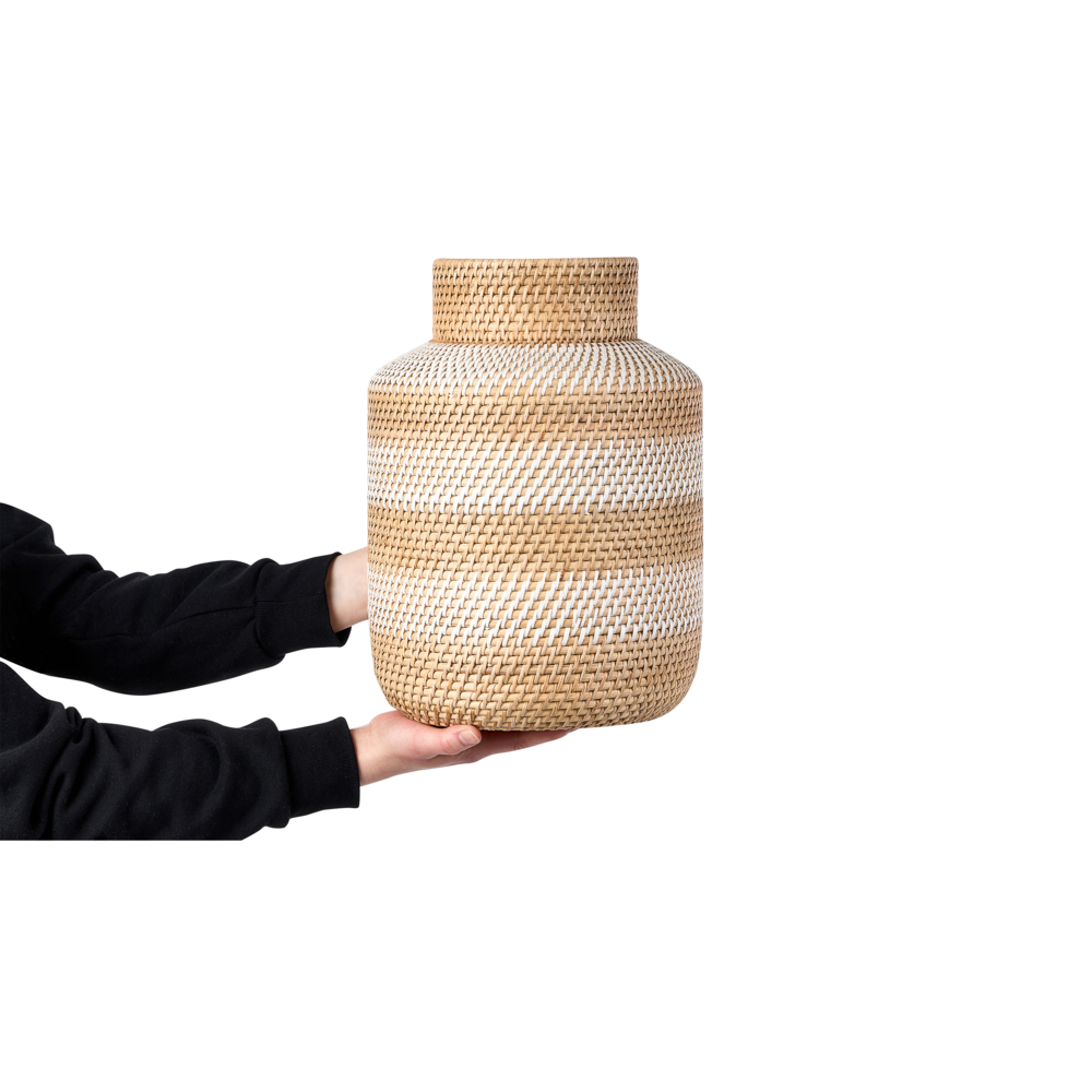 Vaso decorativo in stile naturale in rattan bianco e beige