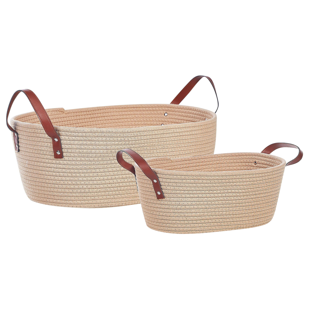 Set di 2 ceste portaoggetti in cotone beige realizzati a mano con maniglie in pelle