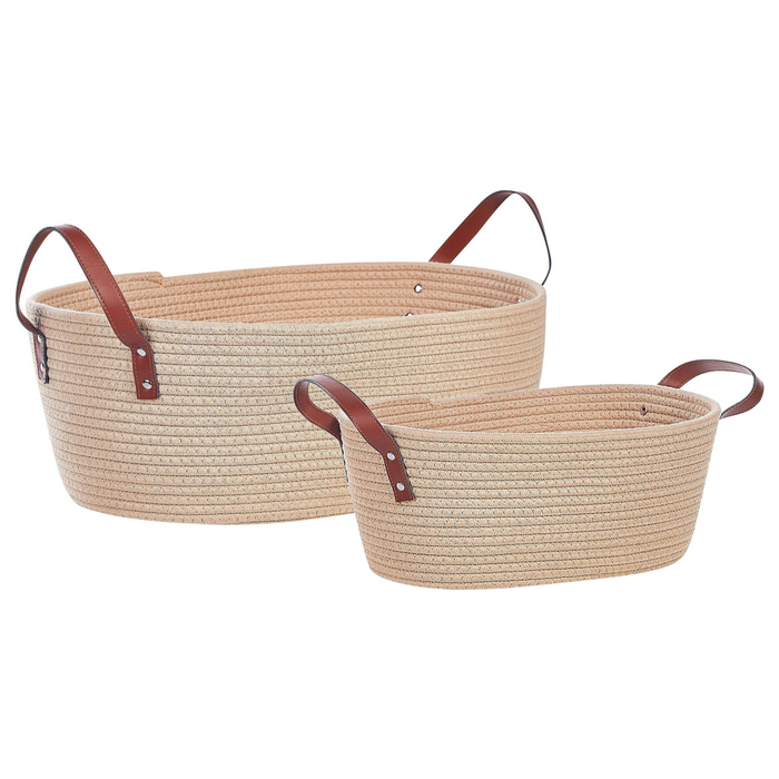 Set di 2 ceste portaoggetti in cotone beige realizzati a mano con maniglie in pelle