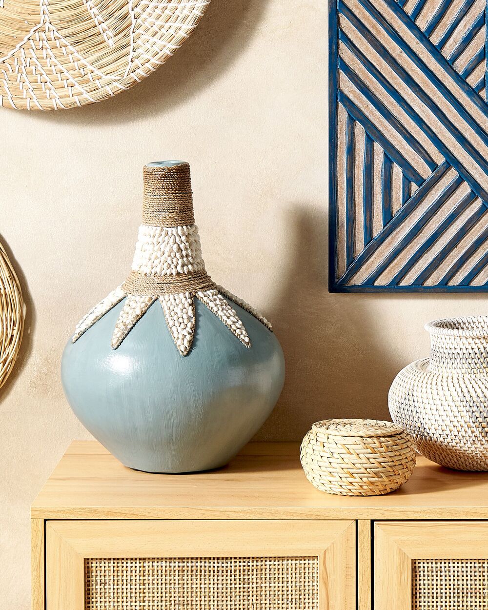 Vaso decorativo Azzurro Terracotta 43 cm Fatto a mano Modello rustico Boho Accessori per la casa