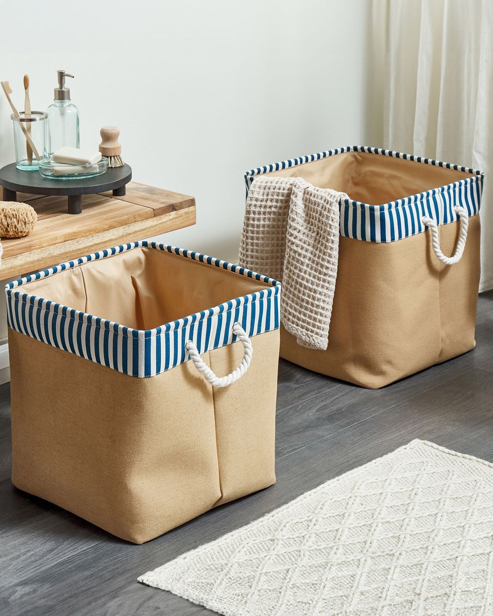 Set di 2 ceste portaoggetti in cotone beige con maniglie Soggiorno tradizionale Camera da letto