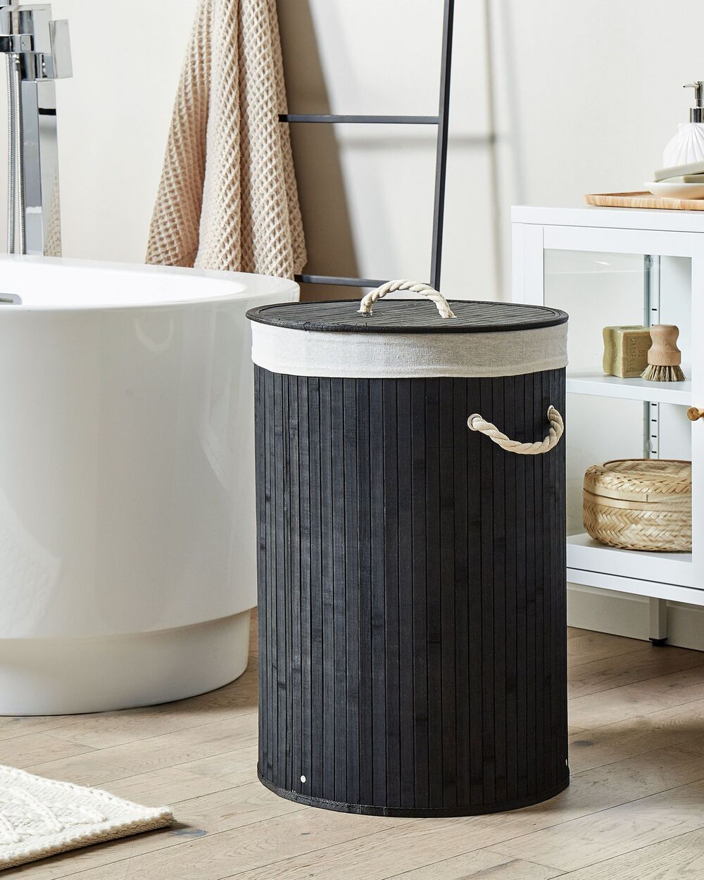 Cestino portaoggetti in bambù nero con coperchio Cestino per biancheria Accessori pratici lavanderia bucato