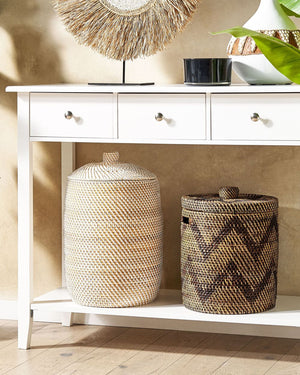 Cesto con coperchio in rattan naturale bianco 44 cm stile boho rustico bagno camera da letto