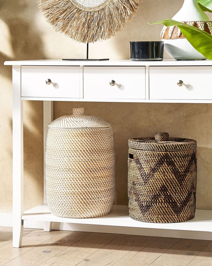 Cesto con coperchio in rattan naturale bianco 44 cm stile boho rustico bagno camera da letto