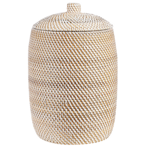 Cesto con coperchio in rattan naturale bianco 44 cm stile boho rustico bagno camera da letto