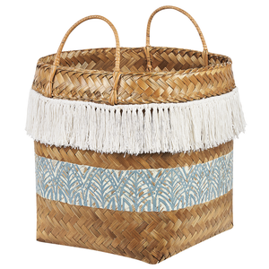 Cesto in legno di bambù naturale bianco blu 42 cm con maniglie stile rustico boho