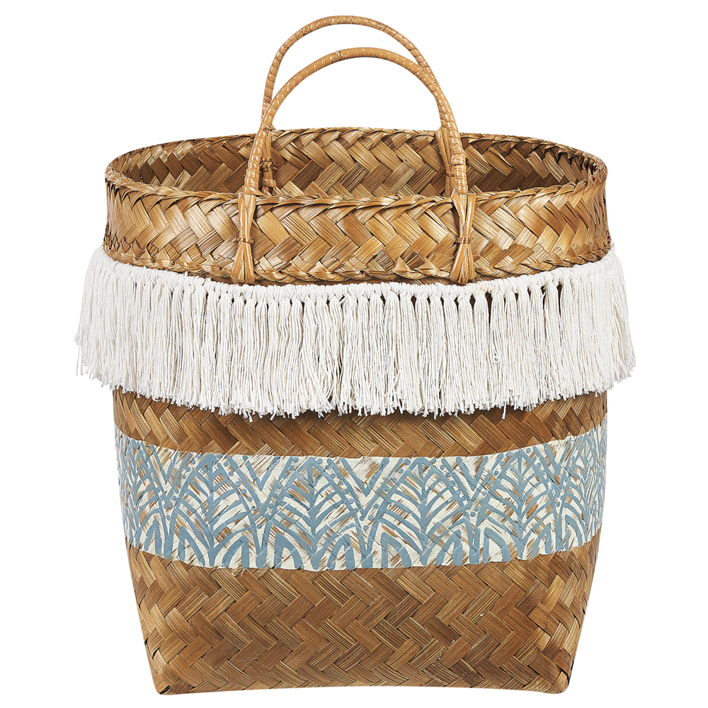 Cesto in legno di bambù naturale bianco blu 42 cm con maniglie stile rustico boho