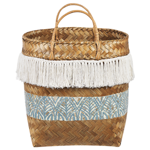 Cesto in legno di bambù naturale bianco blu 42 cm con maniglie stile rustico boho
