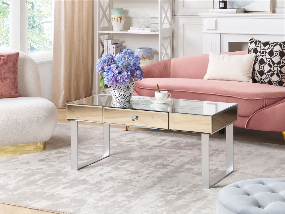 Tavolino  Cassetto Pomello Cristallo Specchiato Vetro Argento Base A Slitta Contenitori Glam