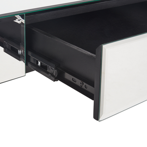 Tavolino  Cassetto Pomello Cristallo Specchiato Vetro Argento Base A Slitta Contenitori Glam