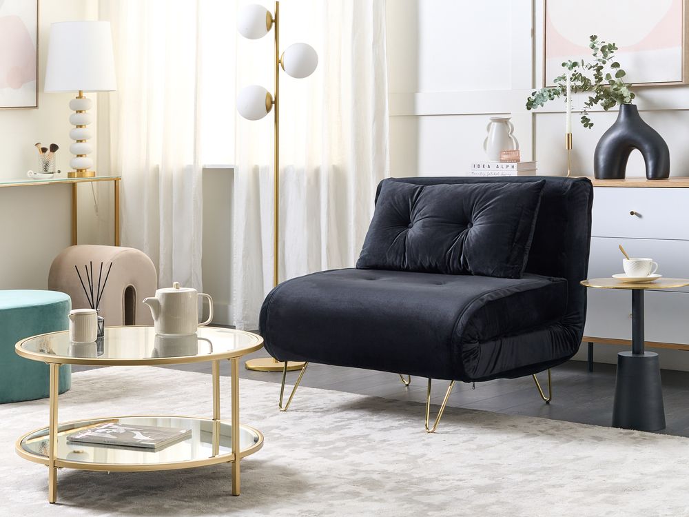 Divano letto 1 posto in velluto nero con cuscino e gambe in metallo dorato pieghevole senza braccioli dorato glamour
