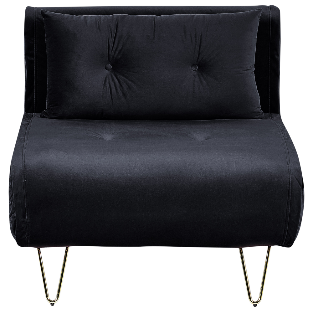 Divano letto 1 posto in velluto nero con cuscino e gambe in metallo dorato pieghevole senza braccioli dorato glamour