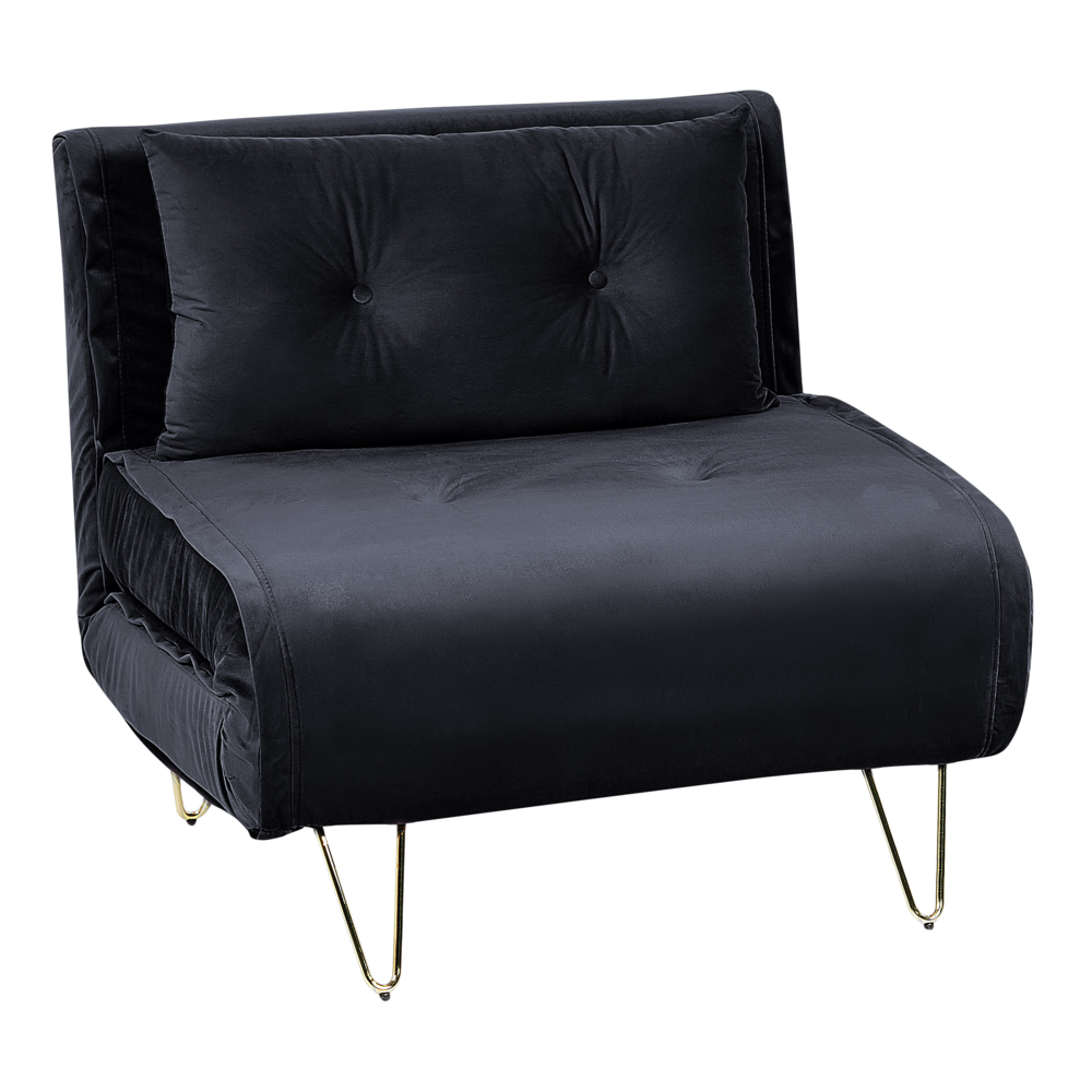 Divano letto 1 posto in velluto nero con cuscino e gambe in metallo dorato pieghevole senza braccioli dorato glamour