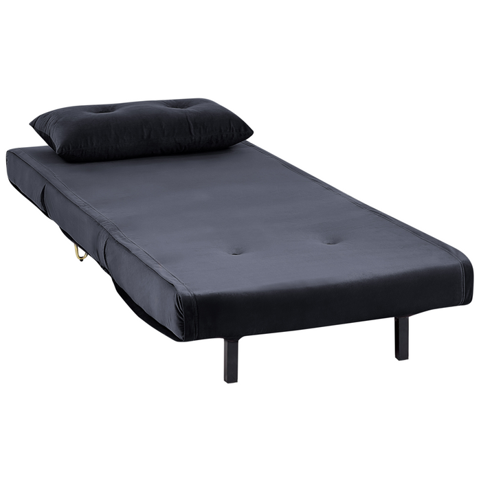 Divano letto 1 posto in velluto nero con cuscino e gambe in metallo dorato pieghevole senza braccioli dorato glamour