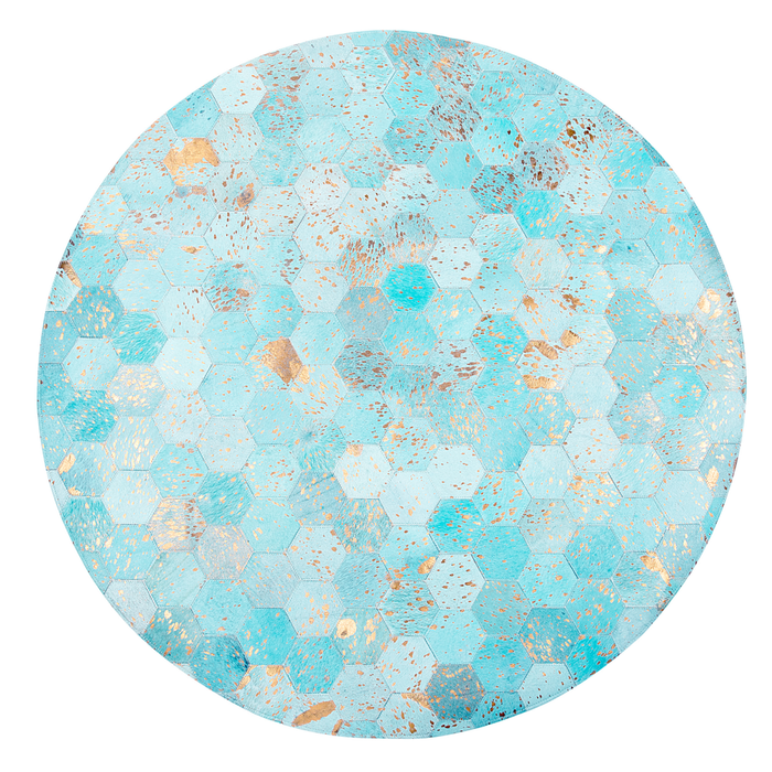 Tappeto Blu Pelle 140 cm Moderno Patchwork Turchese Motivo A Nido D'ape Tappeto Intrecciato A Mano Rotondo