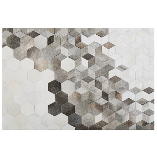 Tappeto in pelle di vacchetta Capelli grigi su pelle Motivo patchwork geometrico 140 x 200 cm
