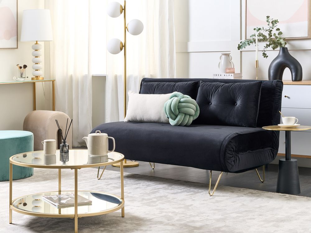 Divano Letto a 2 posti in velluto nero con gambe in metallo senza braccioli 2 cuscini gambe metallo glamour