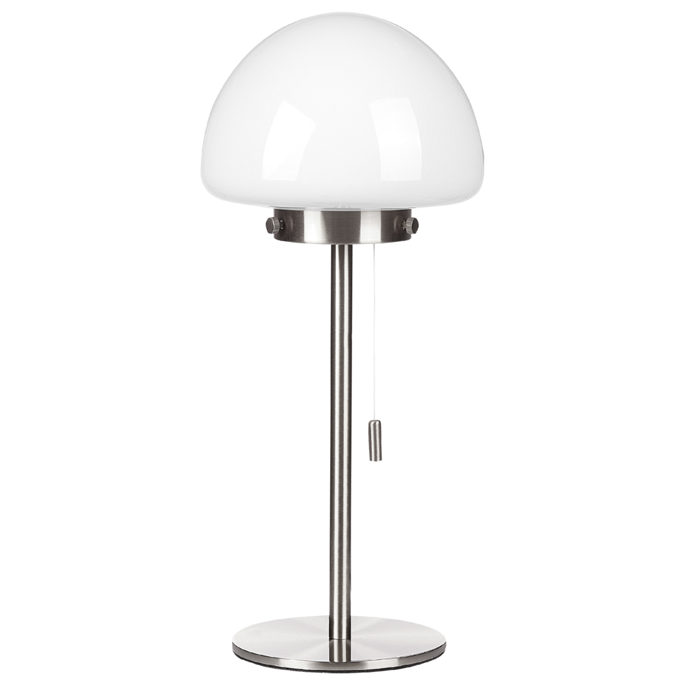 Lampada da tavolo con base in metallo argento e paralume in vetro, in stile minimalista, per la casa e l'ufficio.