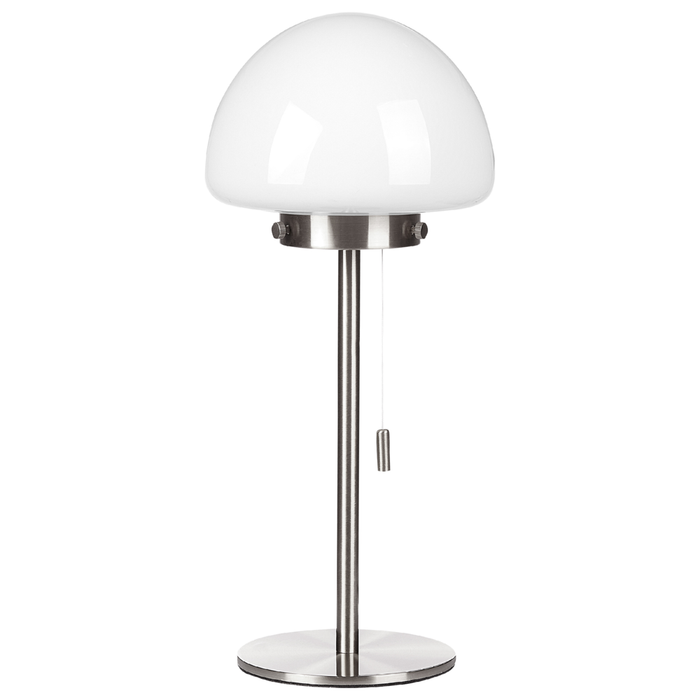 Lampada da tavolo con base in metallo argento e paralume in vetro, in stile minimalista, per la casa e l'ufficio.