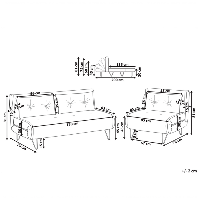 Set di 2 divani letto a 2 e 1 posto in velluto nero con cuscini e gambe in metallo soggiorno glamour elegante
