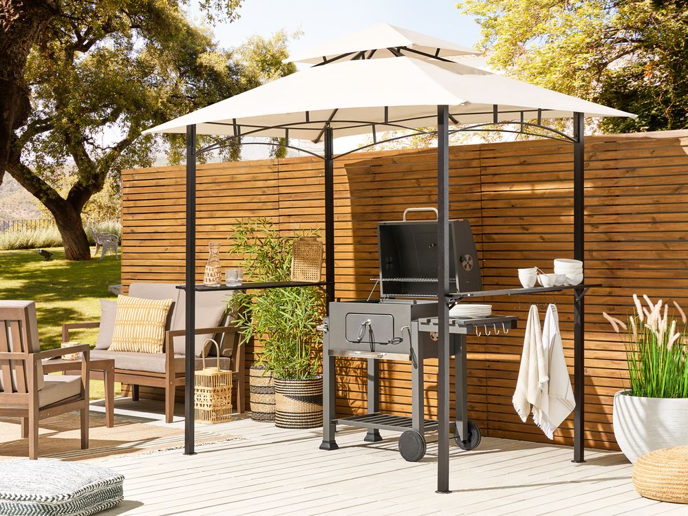 Gazebo Beige Tessuto Nero Acciaio 240 x 148 cm Telaio in metallo Tettoia con ganci e mensole Padiglione da giardino