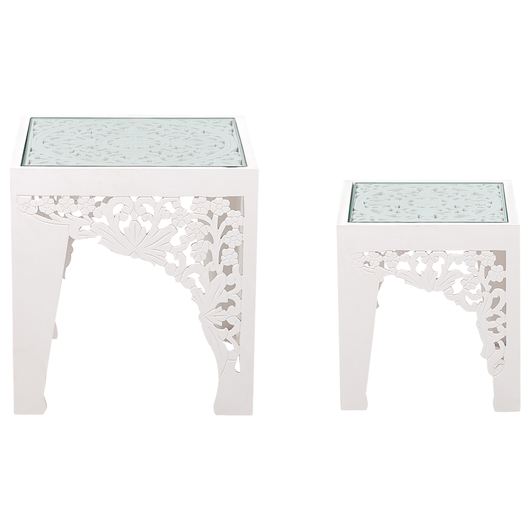 Set di 2 tavolini bianchi con piani di vetro intagliati Soggiorno corridoio Rustico Orientale