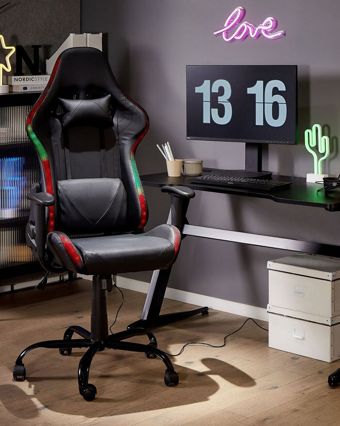 Sedia da gaming con braccioli e LED in ecopelle di colore nero da ufficio altezza regolabile moderno