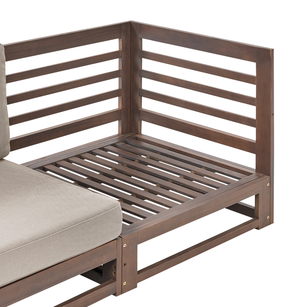 Divano da giardino a 3 posti in legno d'acacia di colore marrone scuro certificato con cuscini terrazzo esterno design moderno