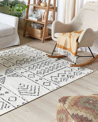 Tappeto in lana bianco sporco e nero con motivo azteco 140 x 200 cm a pelo basso Moderno Vintage
