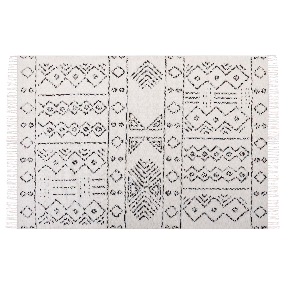 Tappeto in lana bianco sporco e nero con motivo azteco 140 x 200 cm a pelo basso Moderno Vintage