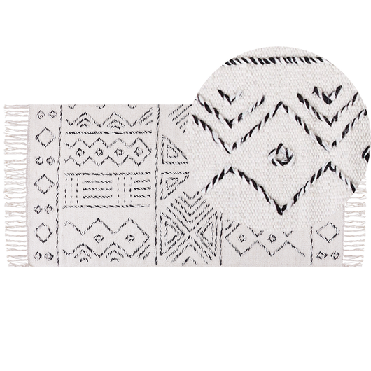 Tappeto in lana bianco sporco e nero con motivo azteco 80 x 150 cm a pelo basso Moderno Vintage