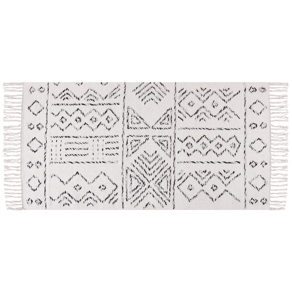 Tappeto in lana bianco sporco e nero con motivo azteco 80 x 150 cm a pelo basso Moderno Vintage