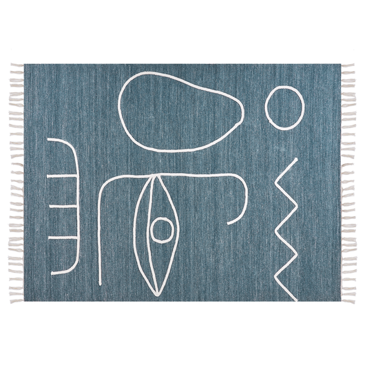 Tappeto rettangolare per interni e per esterni in poliestere con motivo a nappe blu 140 x 200 cm stile boho