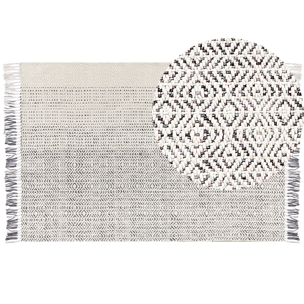 Tappeto Bianco e Grigio Lana Cotone Tappeto Bianco e Grigio Lana Cotone 160 x 230 cm  Tessuto a mano a trama piatta con nappe Tessuto a mano a trama piatta con nappe