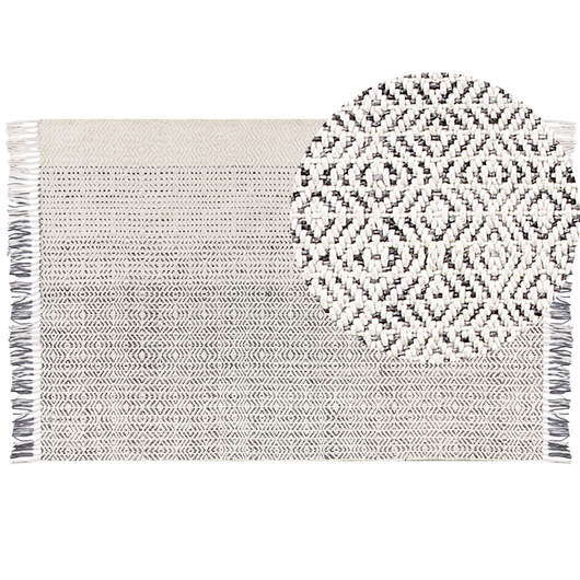 Tappeto Bianco e Grigio Lana Cotone Tappeto Bianco e Grigio Lana Cotone 160 x 230 cm  Tessuto a mano a trama piatta con nappe Tessuto a mano a trama piatta con nappe