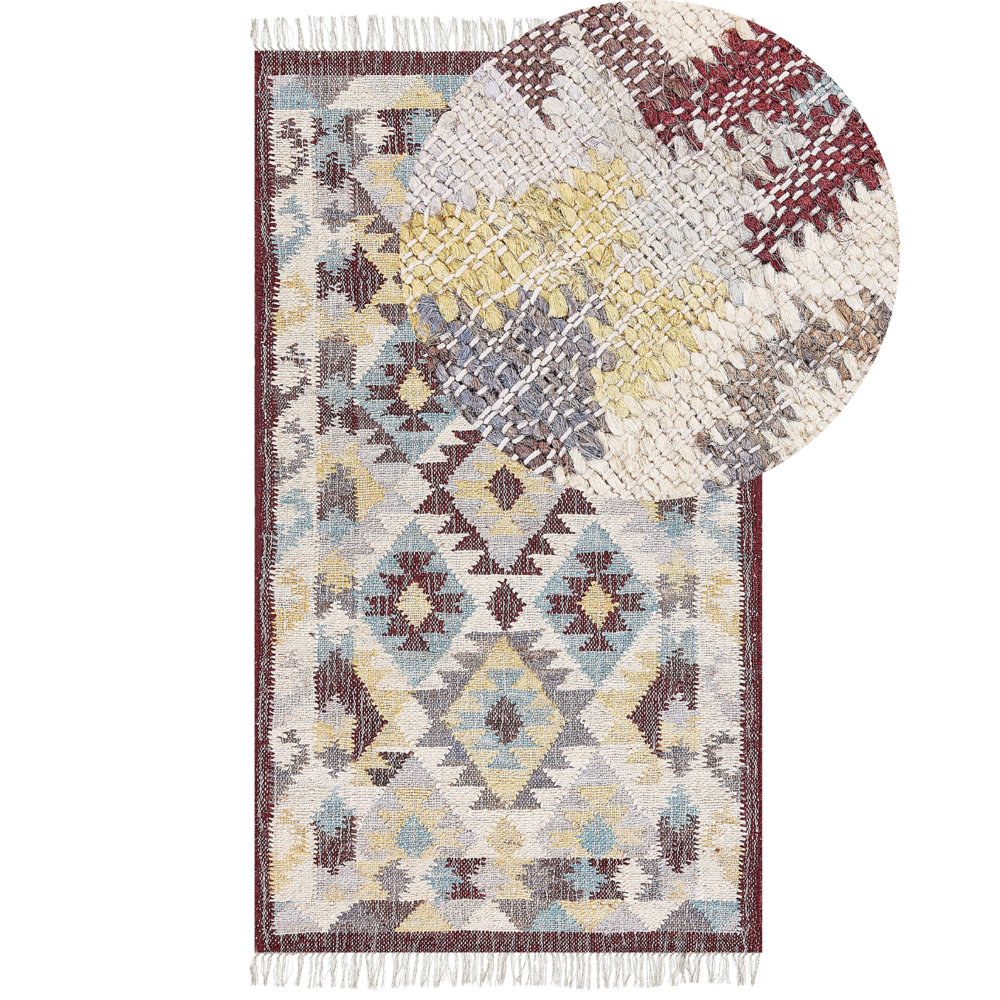 Tappeto in iuta rosso blu 80 x 150 cm realizzato a mano con nappe soggiorno camera da letto