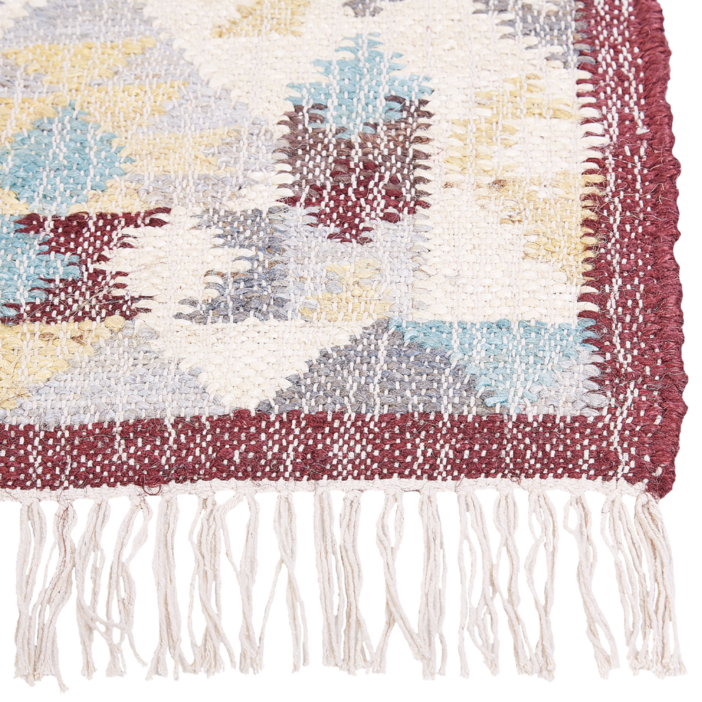 Tappeto in iuta rosso blu 140 x 200 cm realizzato a mano con nappe soggiorno camera da letto