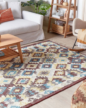 Tappeto in iuta rosso blu 160 x 230 cm realizzato a mano con nappe soggiorno camera da letto