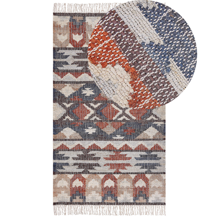 Tappeto in iuta multicolore 80 x 150 cm fatto a mano con motivo geometrico e nappe stile boho soggiorno camera da letto