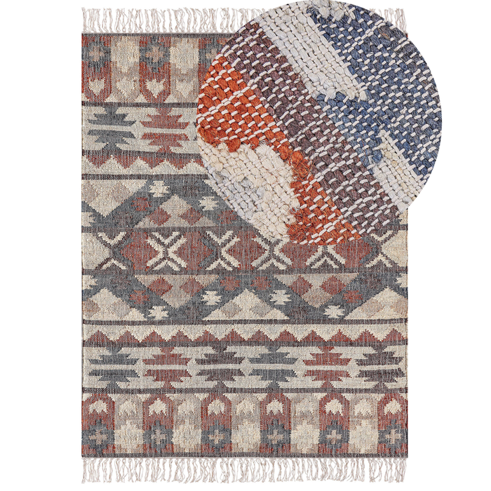 Tappeto in iuta multicolore 140 x 200 cm fatto a mano con motivo geometrico e nappe stile boho soggiorno camera da letto