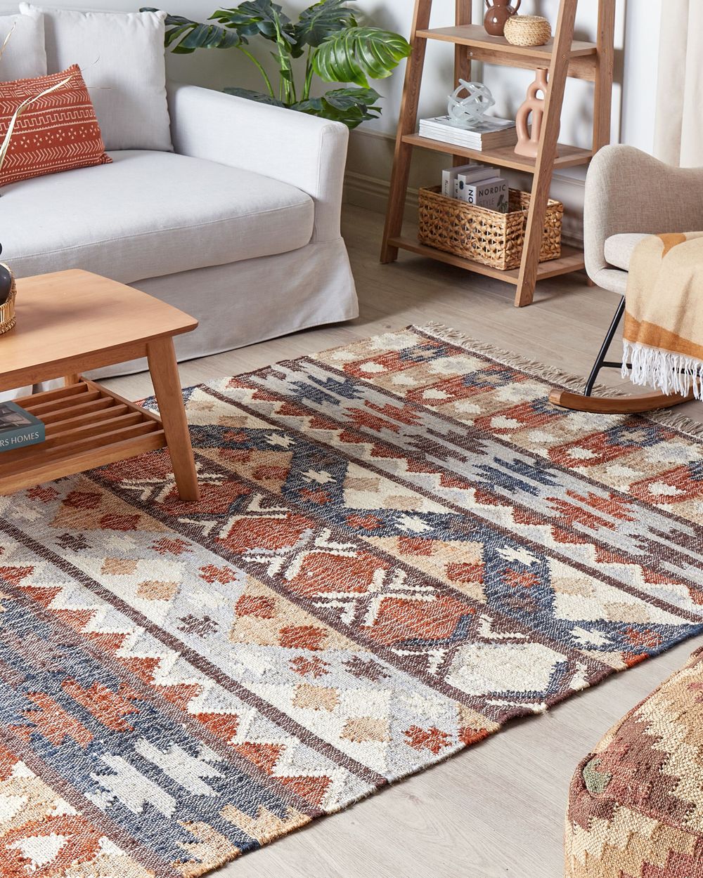 Tappeto in iuta multicolore 160 x 230 cm fatto a mano con motivo geometrico e nappe stile boho soggiorno camera da letto